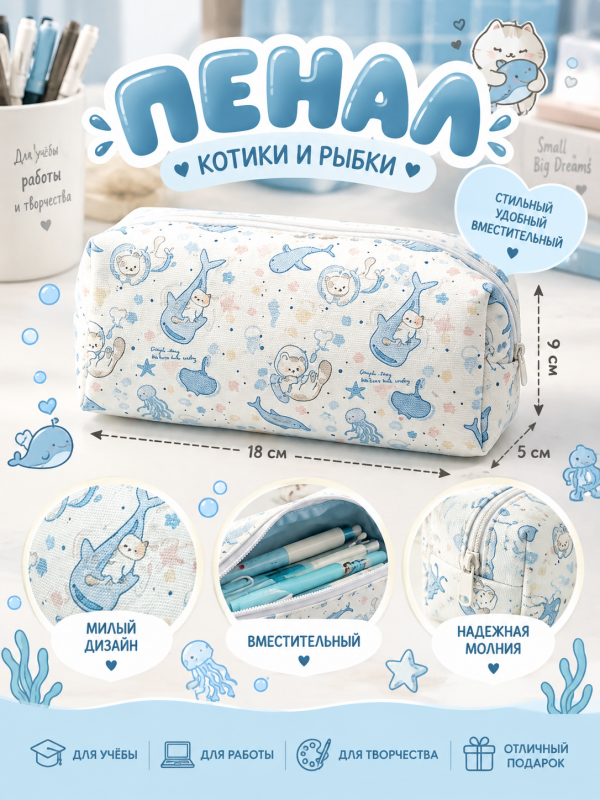 Пенал котики и рыбки