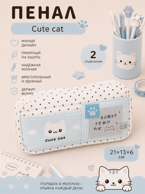Пенал прямоугольный Cute cat, 2 отделения