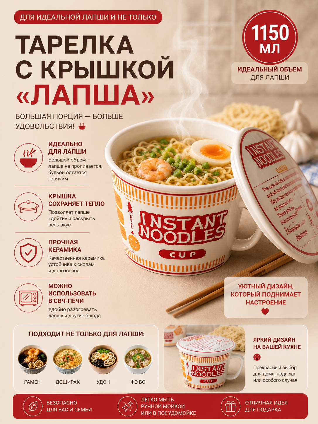 Тарелка с крышкой для лапши красная