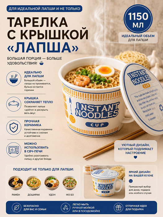 Тарелка с крышкой для лапши синяя